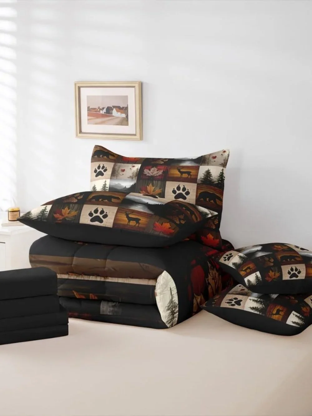 Bear Cabin Plaid Queen Comforter Set with Sheets 7 Piece Retro Hunting Deer Bed